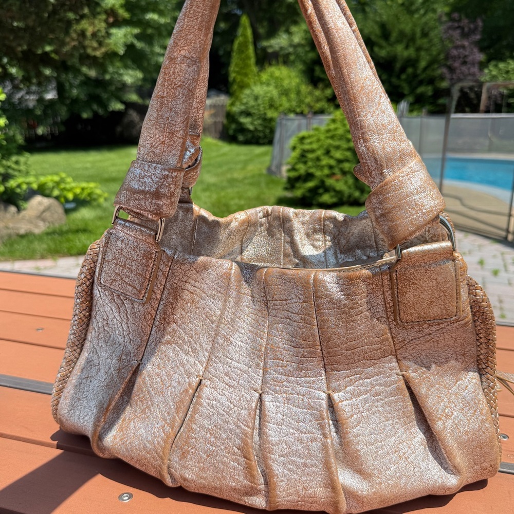 Cole Haan Metallic Beige Gold Pleated Pebbled Leather Hobo
